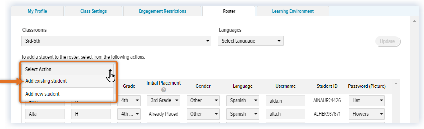 Updated Teacher Settings_Roster tab_Select Add Existing Student.png