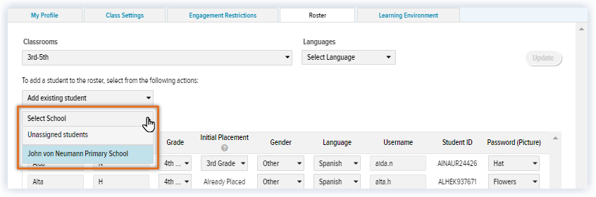 Updated Teacher Settings_Roster tab_Select School or Unassigned students.png