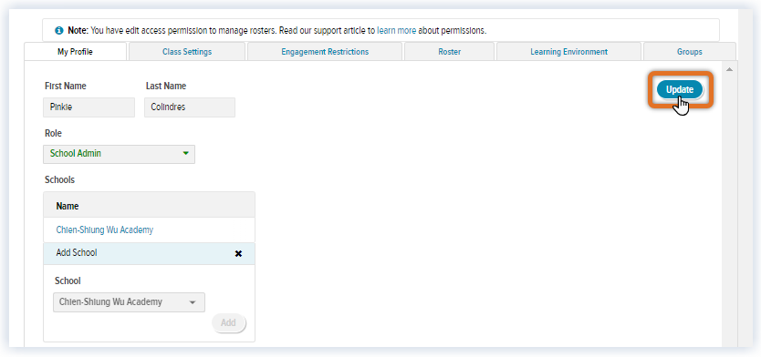 Updated Settings tab_Educators Tab_Update Role to School Admin_Click Update.png