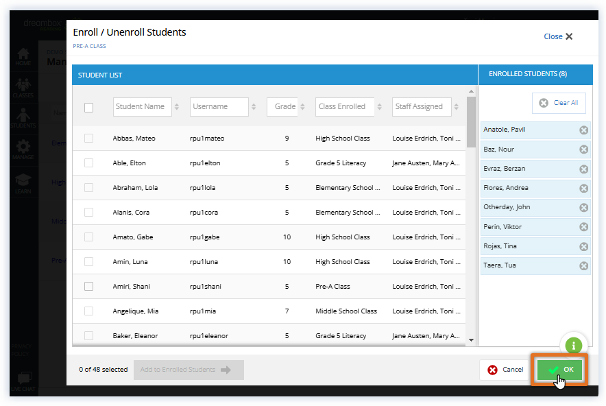 Reading Plus_Teacher_Enroll Window_Click OK to unenroll students.png