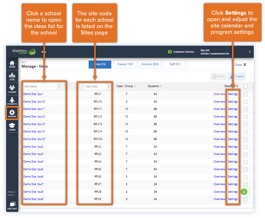 Reading Plus_District Admin_Manage_Sites Tab.png