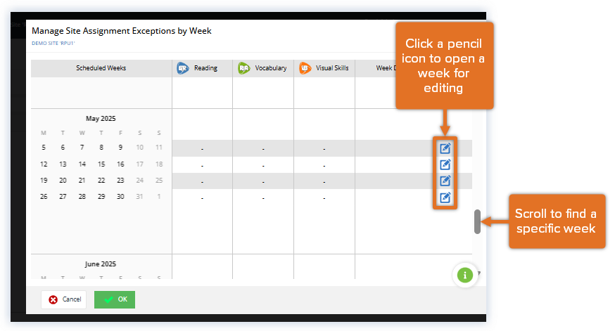 Reading Plus_Site Admin_Select Exception Week_Pencil Icon.png