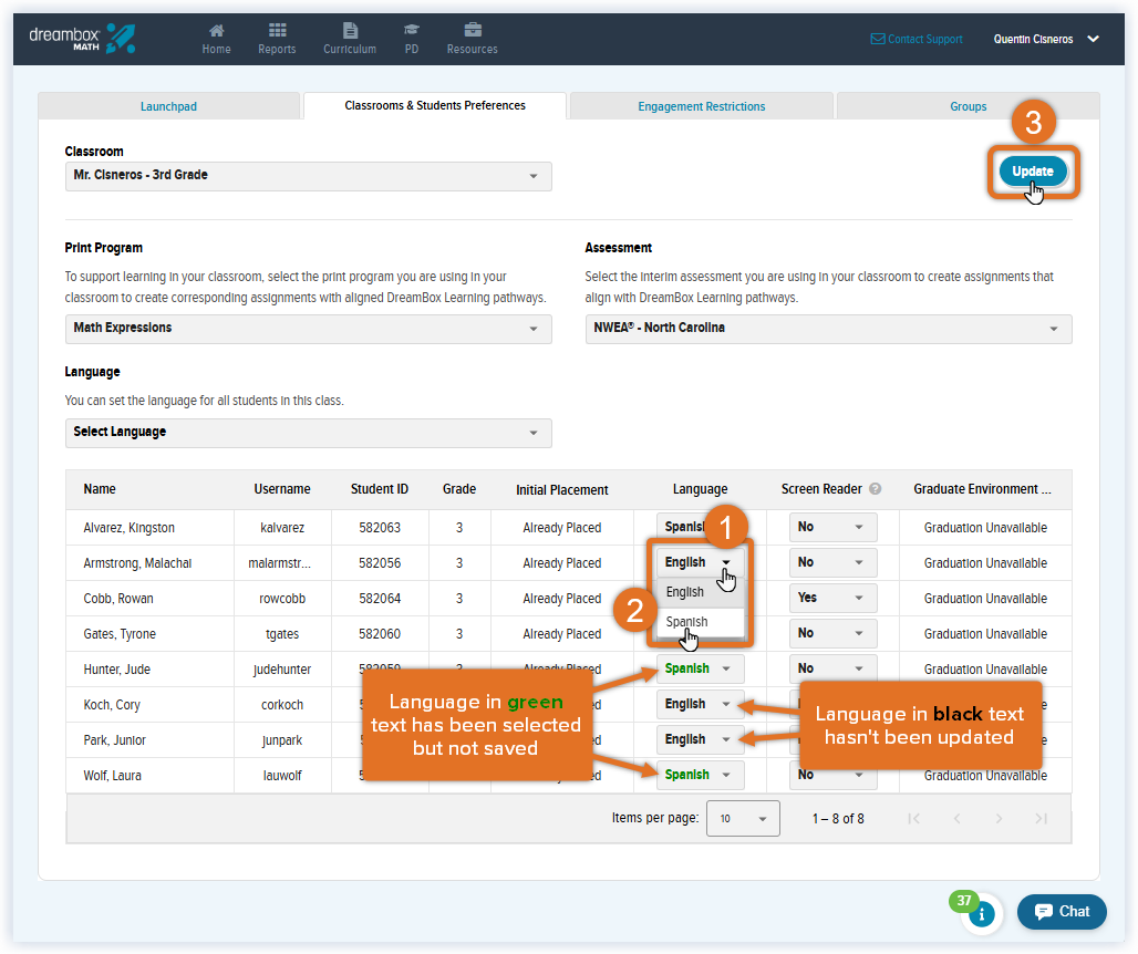 Math_DE Rostered Settings_Class & Student Pref_Select Spanish for Student.png