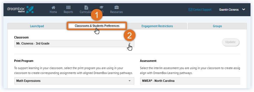 Math_DE Rostered Dashboard_Classrooms & Students Preferences_Teacher_Cisneros_Select tab and class.png