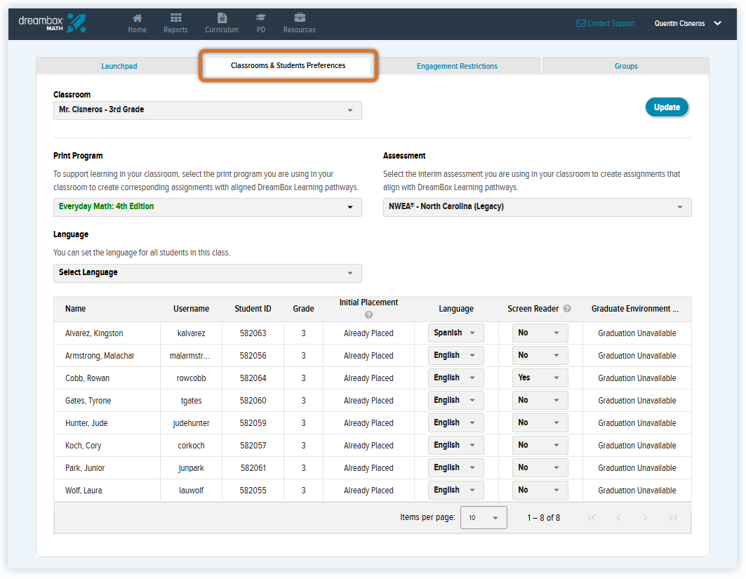 Math_DE Rostered Dashboard_Classroom & Student Preferences Tab_Teacher_Cisneros_Shape_2025.png
