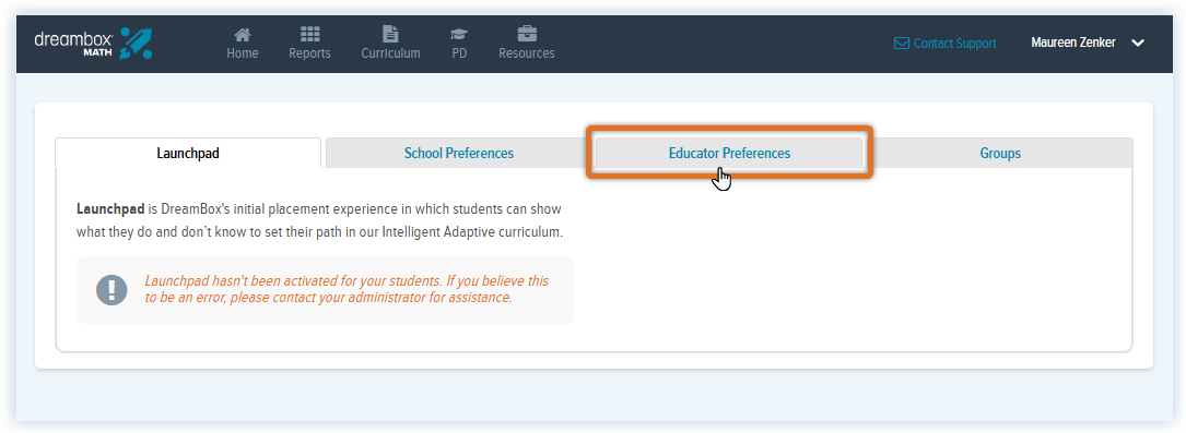 Math_DE Rostered Admin_DreamBox Settings_Click Educator Preferences.png